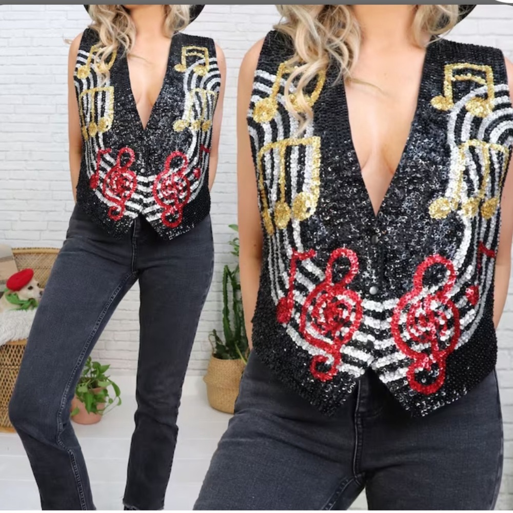 Vintage Sequin Music Note Vest Size XL 3 Snap 80’s Excellent Condition